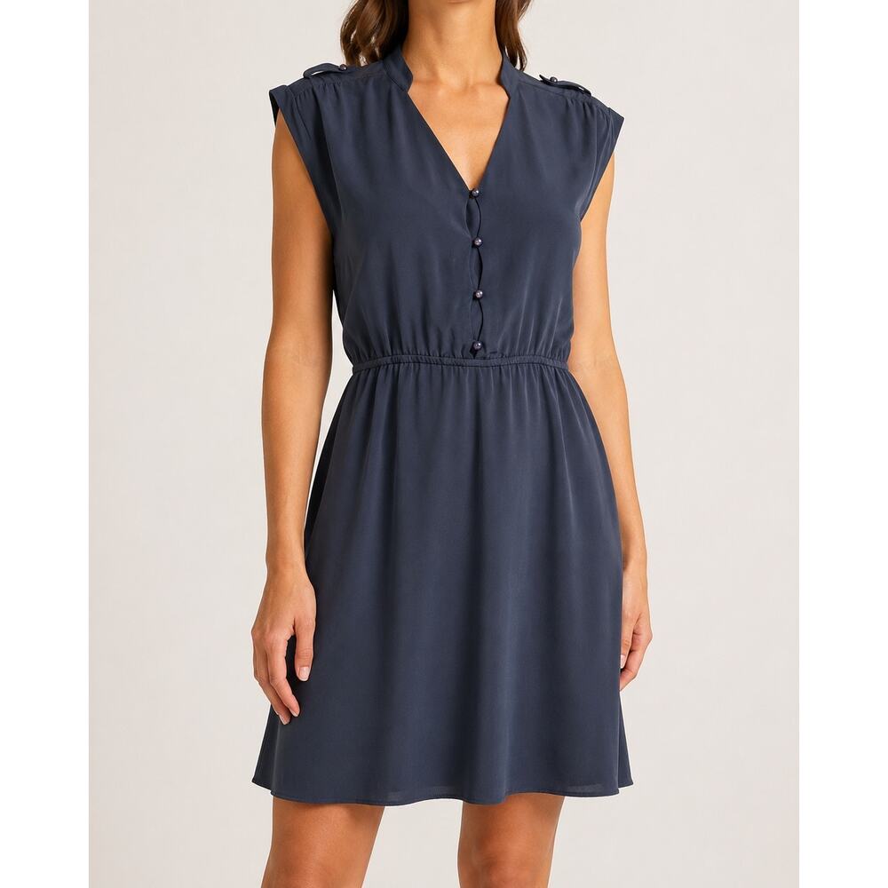 Alice + Olivia Toworn Navy Blue Sleeveless Button Silk Blend Blouson Mini Dress